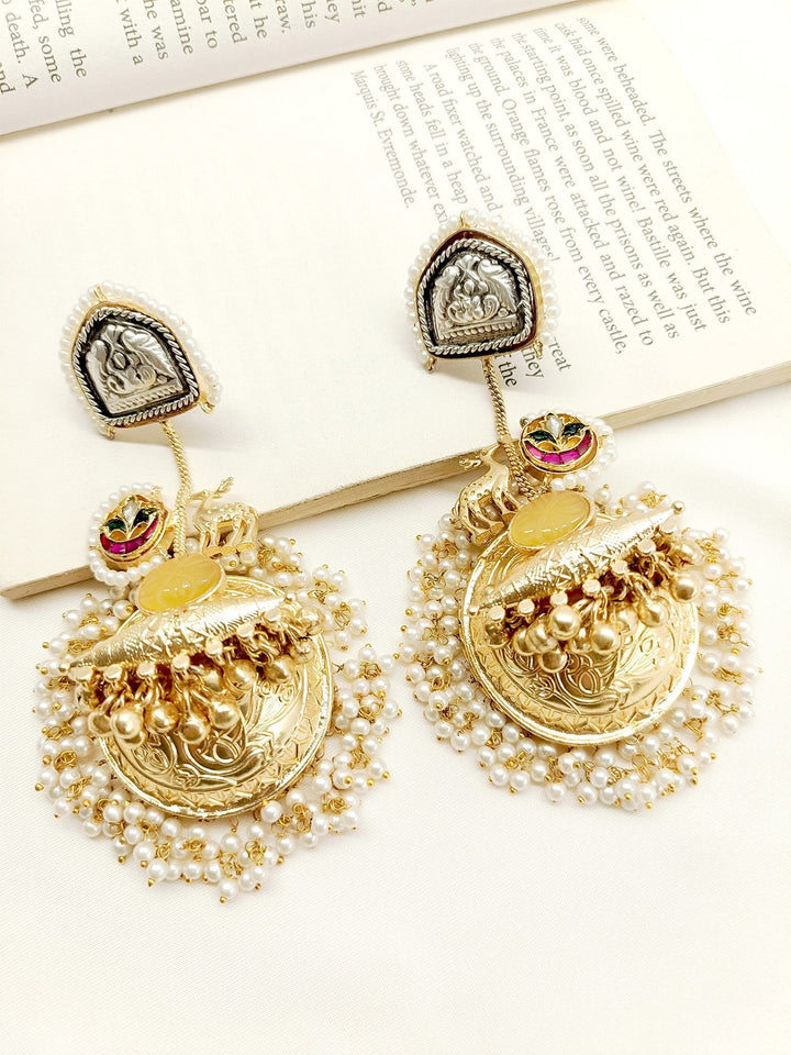Gold plated brass metal jhumki with delicate pearl and golden ball hanging 