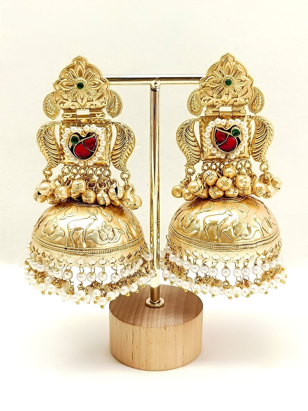  Traditional design gold plated brass jhumki with delicate pearl hangings