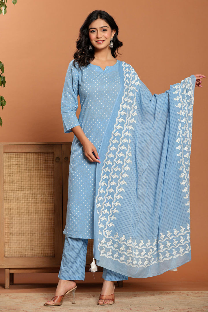 Sky Blue Printed Cotton Kurta Set - qivii