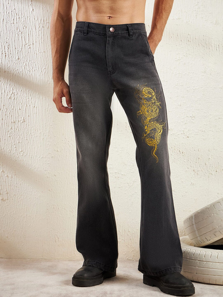Black Dragon Embroidery Flared Denim