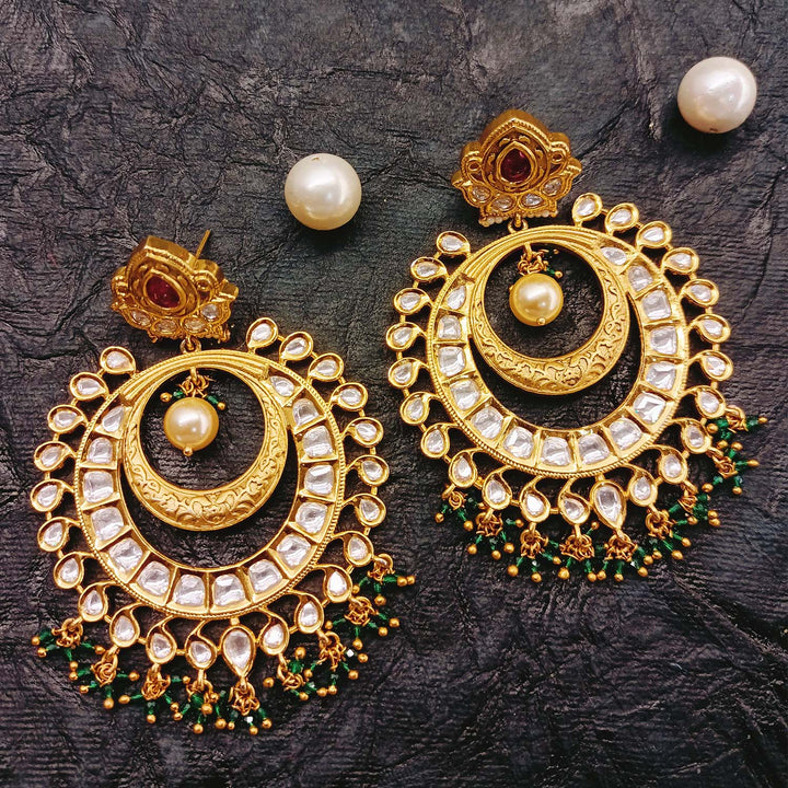 Manju Rose Pink & Green Gold Plated Kundan Earrings - qivii