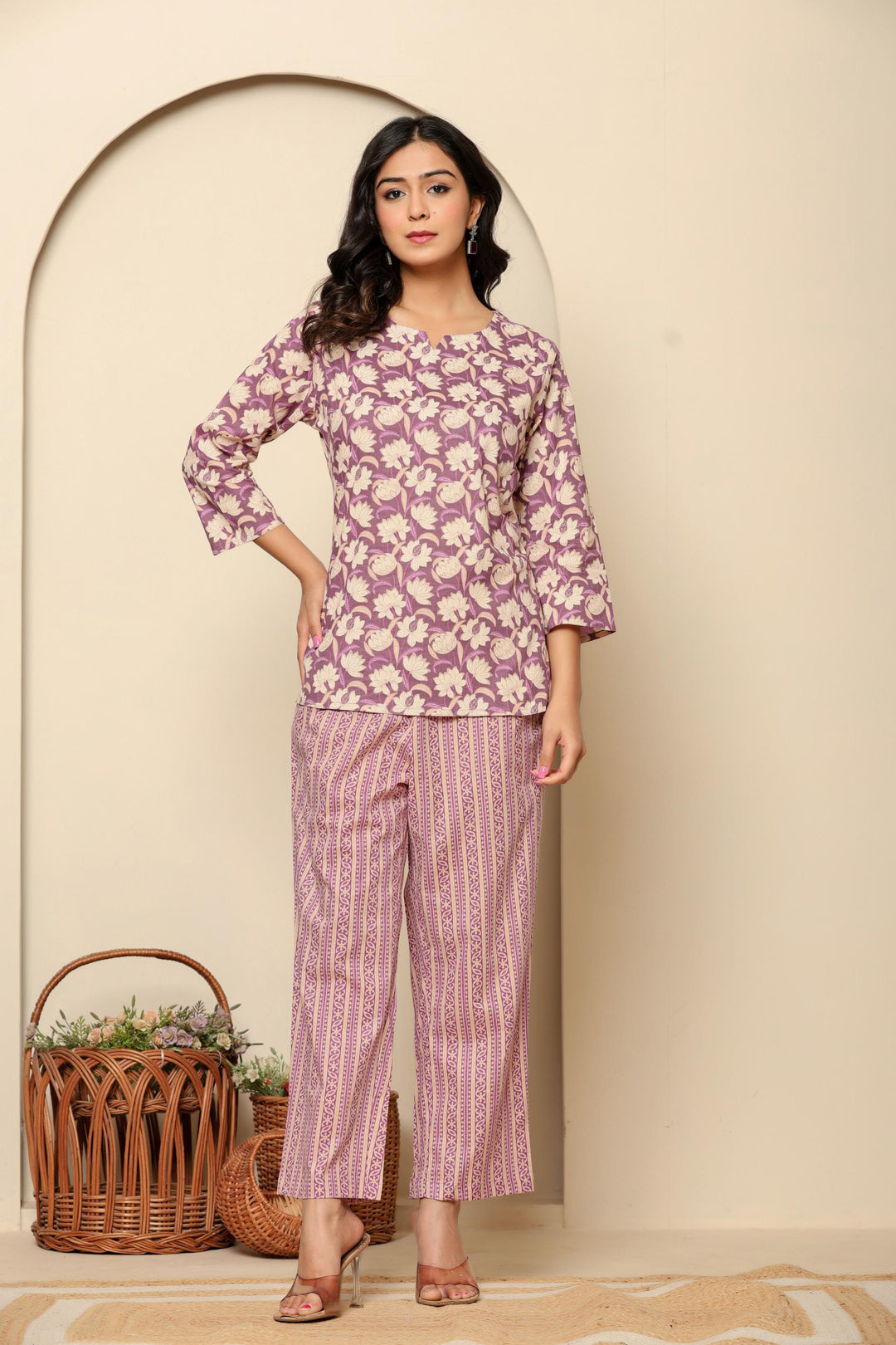 Purple Printed Cotton Coord Set - qivii