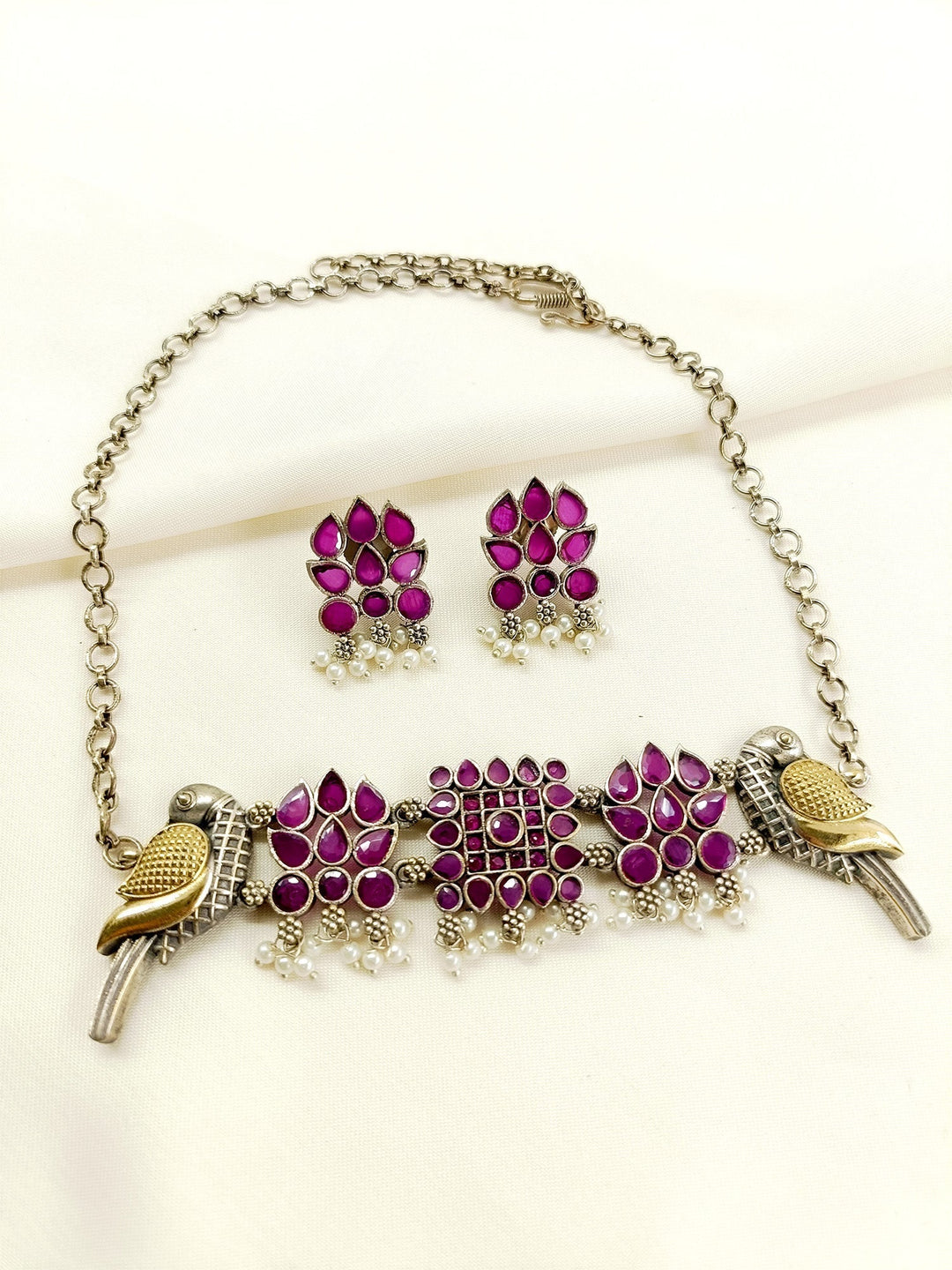 Catherin Ruby Peacock Oxidized Choker Set - qivii