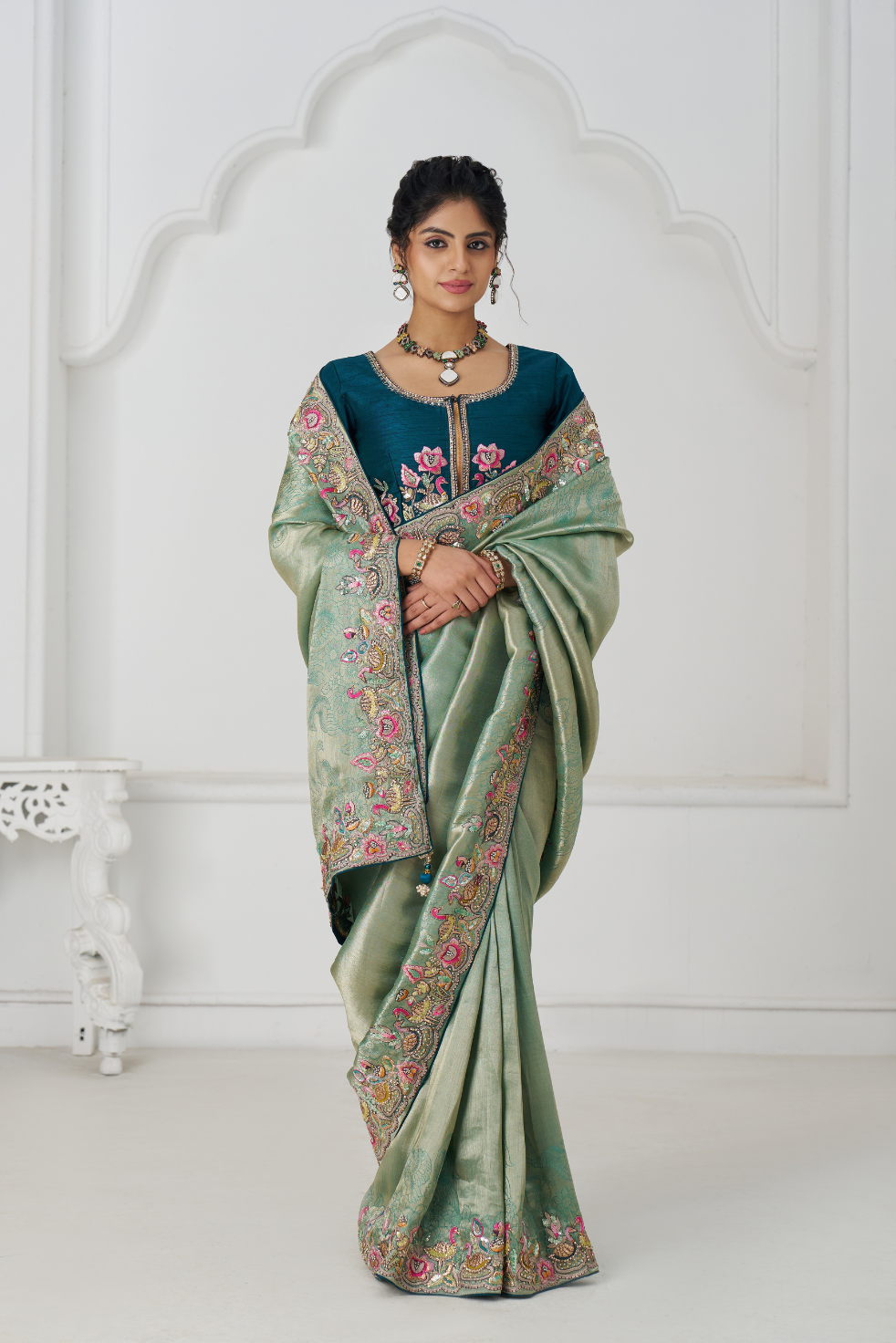 Trending Reception Green Color Saree With Multi-thread Embroidery - qivii