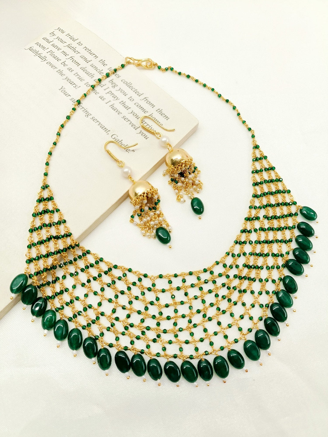 Dropati Green Beads Necklace Set - qivii