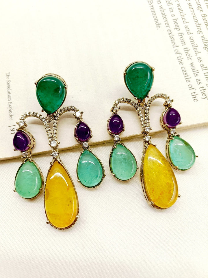 Close up of Rushali Multi Colour Victorian Earrings with Antique Gold Plated Brass Metal