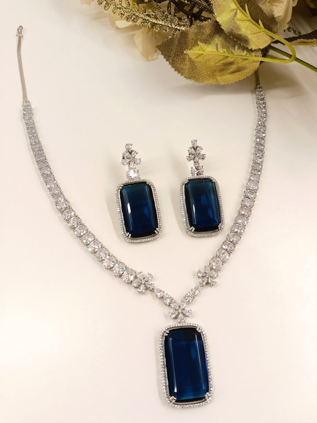 Ileana Blue Sapphire American Diamond Set with matching earrings and necklace