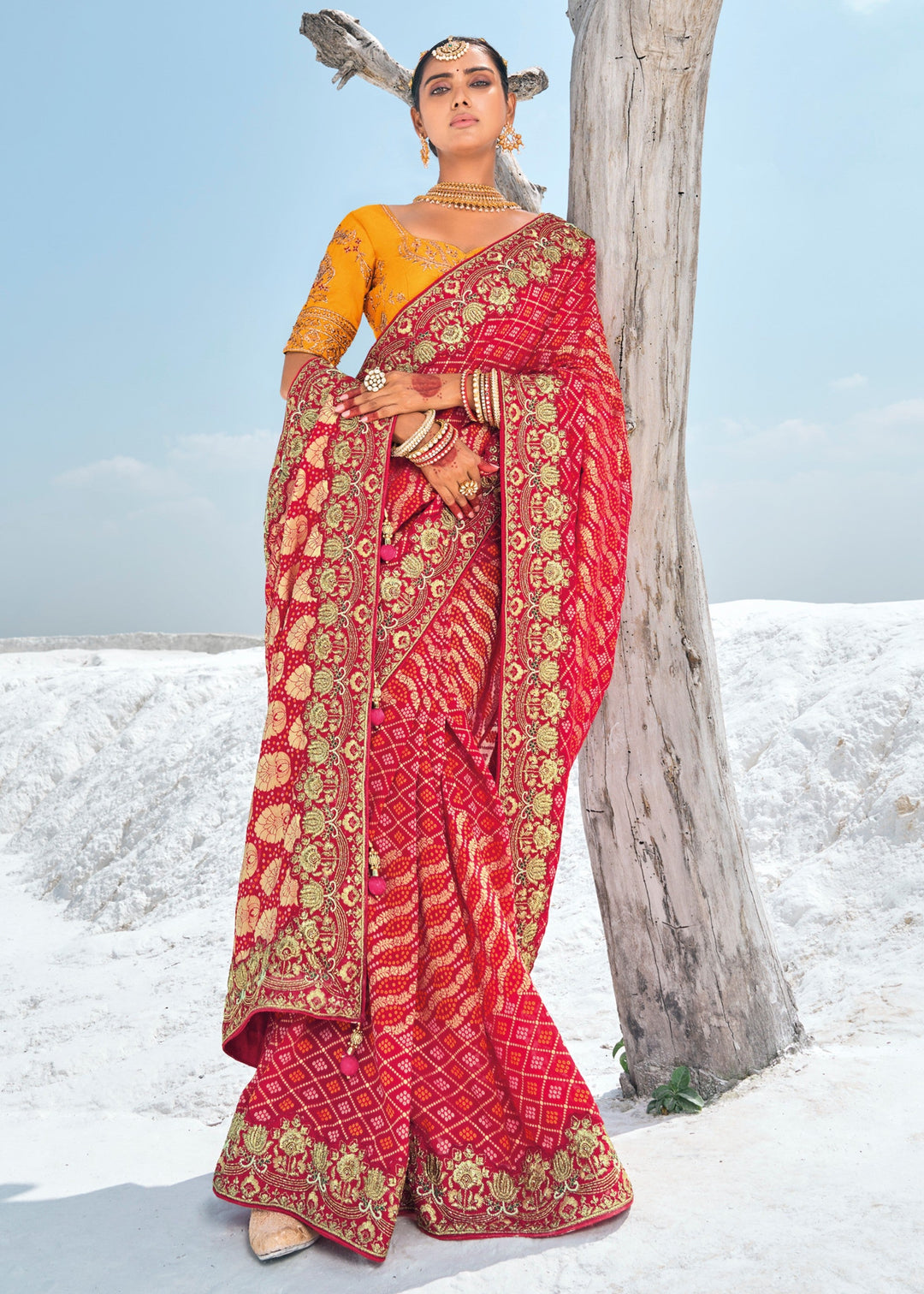 Cherry Red Pure Georgette Bandhani Patola With Zari Weaving Heavy Work Saree - qivii
