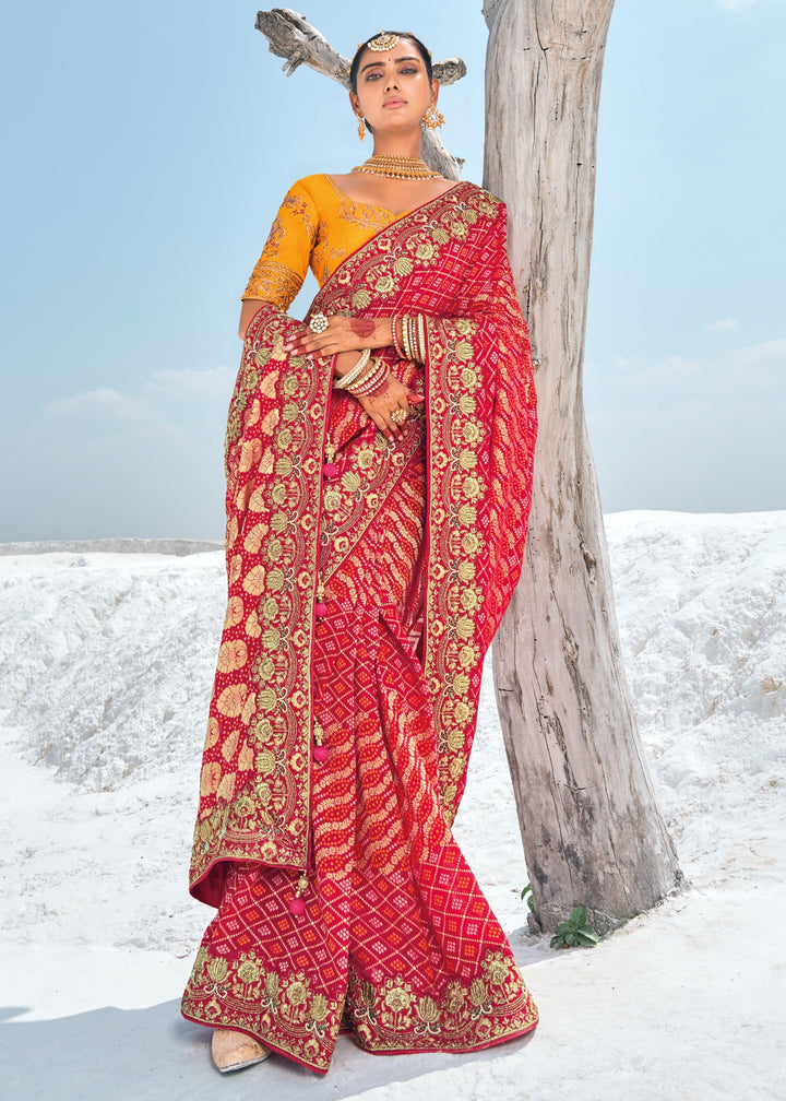 Cherry Red Pure Georgette Bandhani Patola With Zari Weaving Heavy Work Saree - qivii