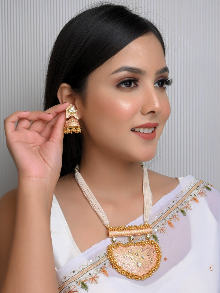 Naazneen Baby Pink Meenakari Pendant Set with Traditional Long Kundan Necklace and Gold Filigree Carving 