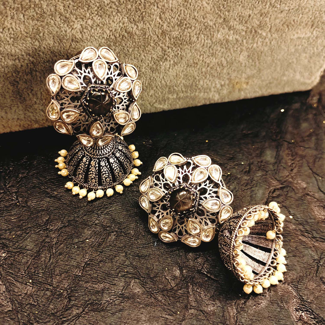 Meenal Charcoal Stone Silver Plated Boutique Jhumki - qivii