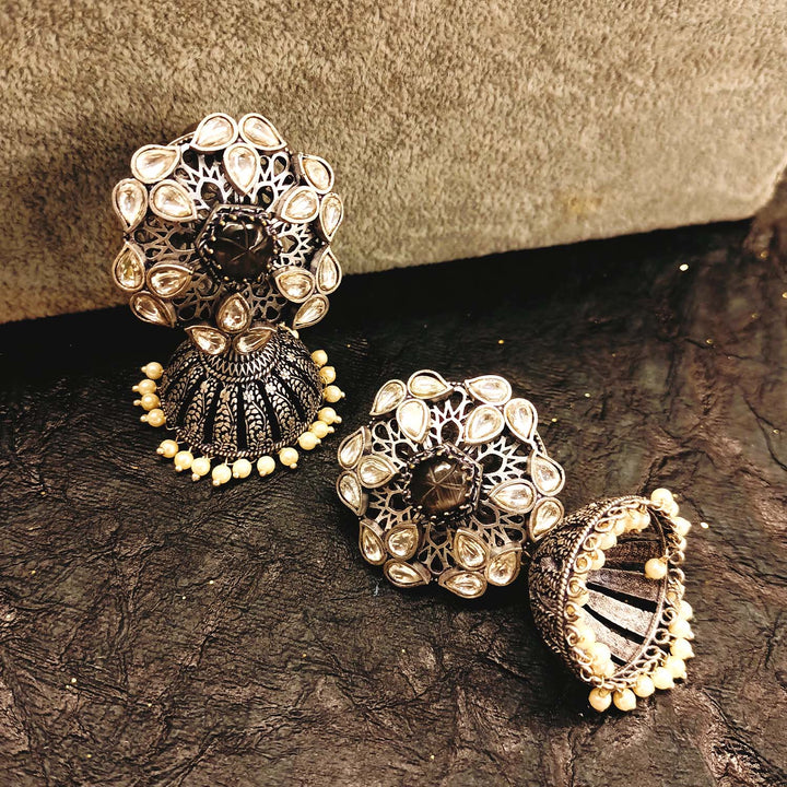 Meenal Charcoal Stone Silver Plated Boutique Jhumki - qivii
