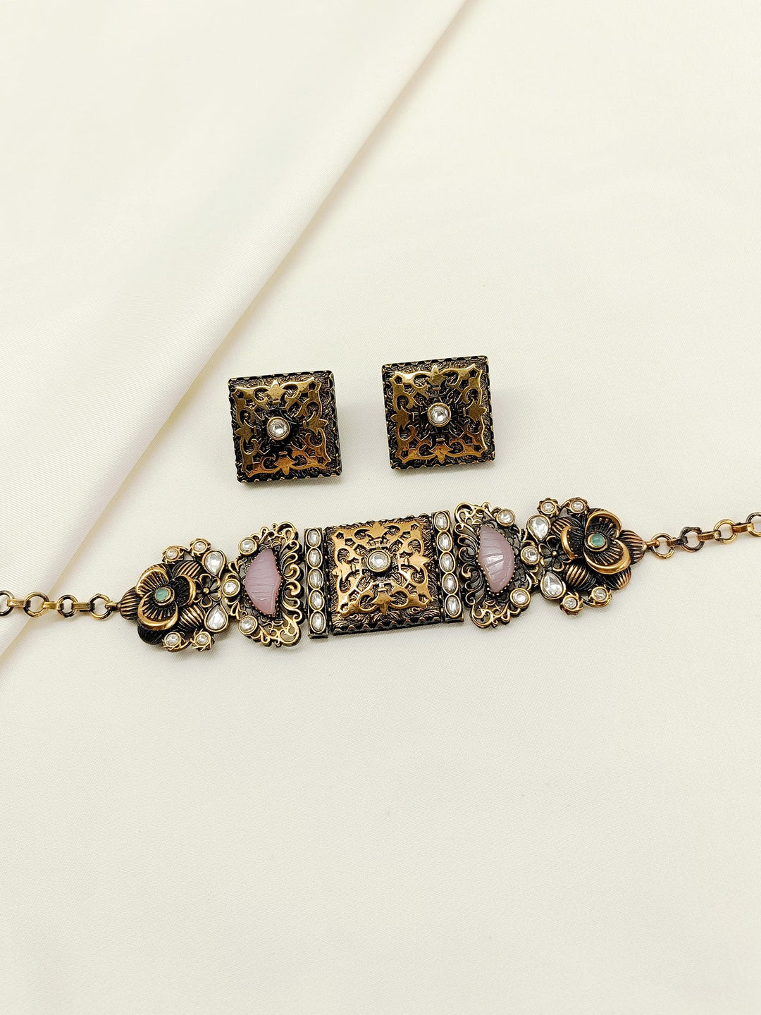 Neeshad Baby Pink Oxidized Choker Set - qivii
