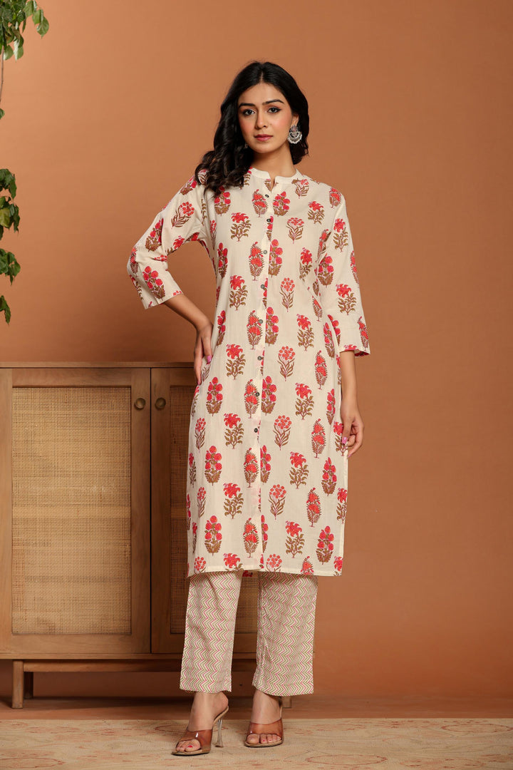 White Printed Cotton Kurta Set - qivii