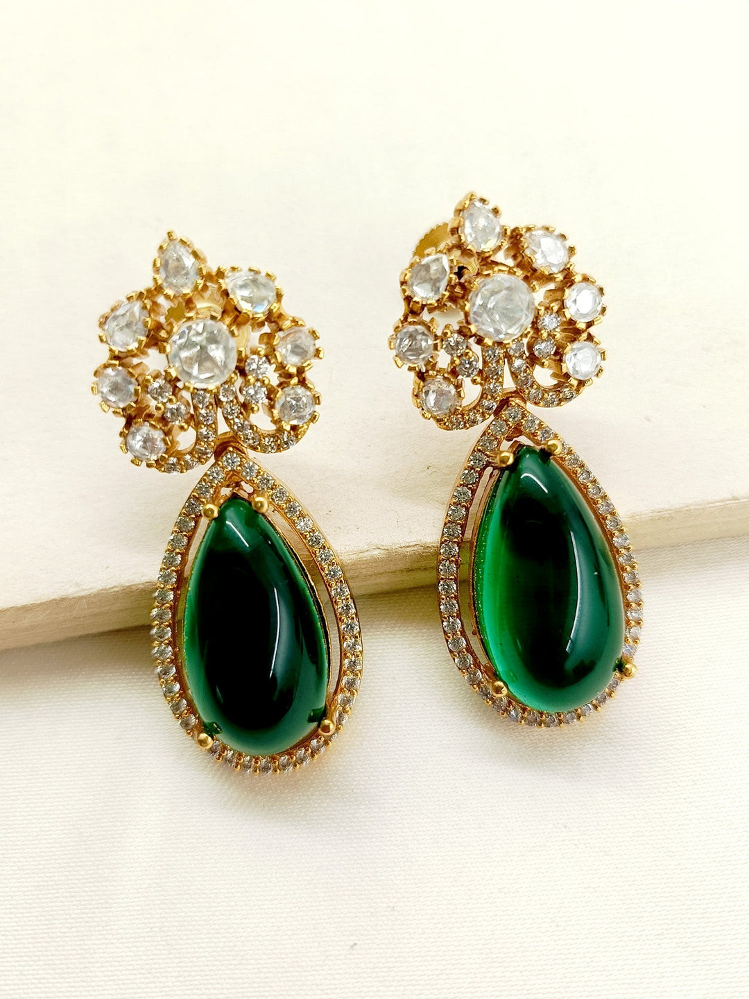 Bailee Green American Diamond Earrings, Gold Plated Brass Metal Kundan Stones 