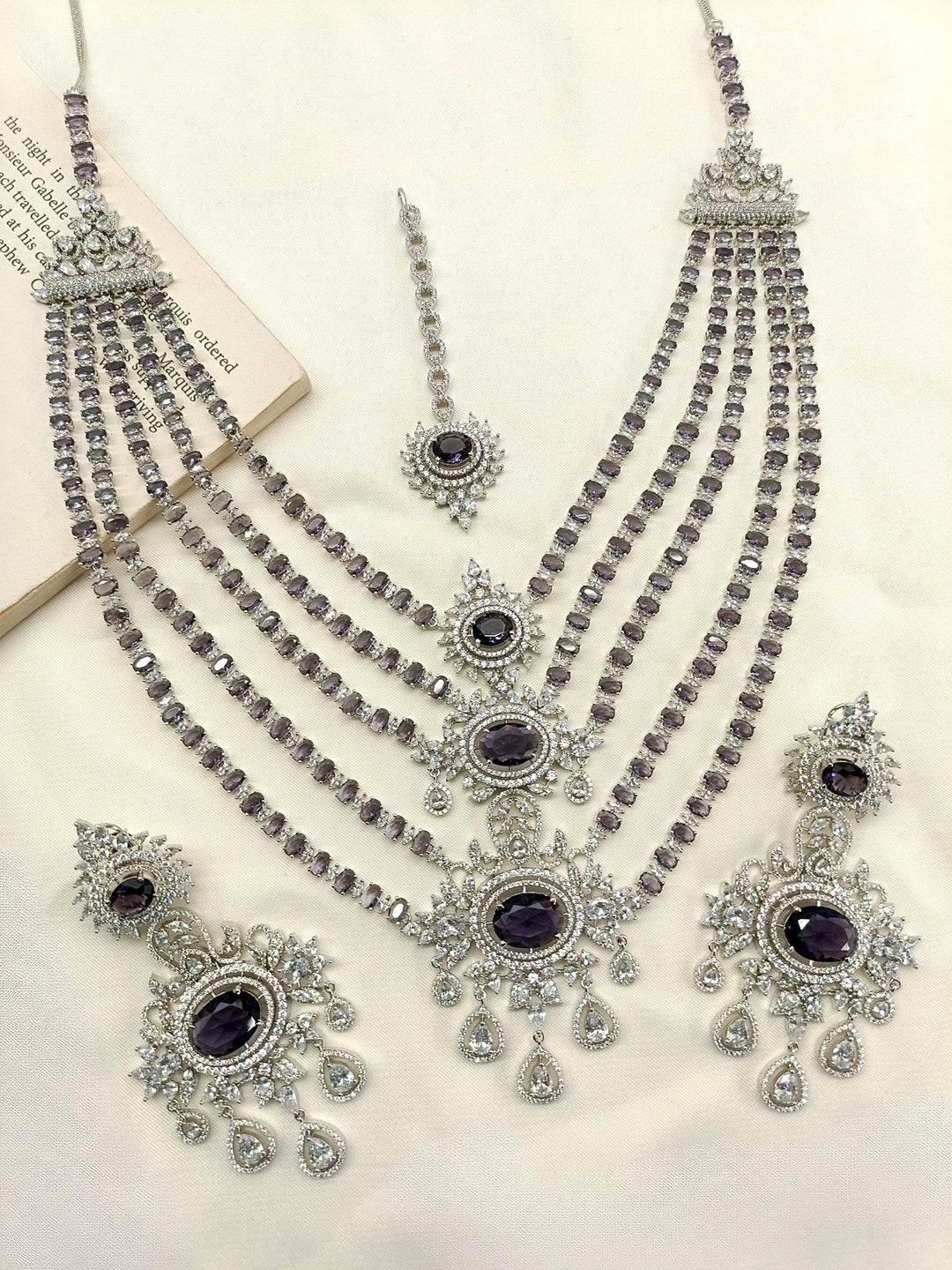 Takshvi Purple American Diamond Necklace Set - qivii