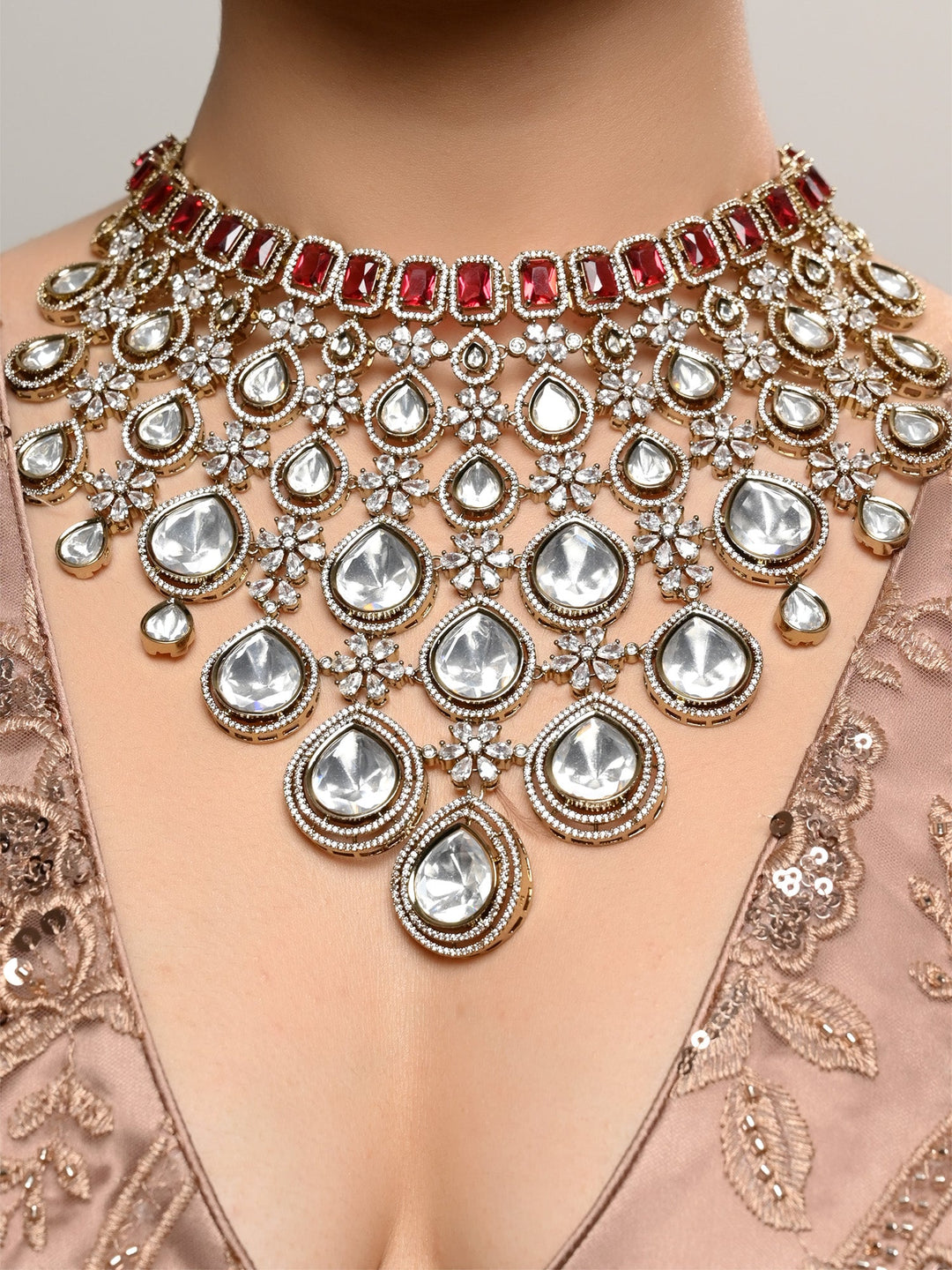 Laksh Maroon Diamond Polki Necklace Set - qivii