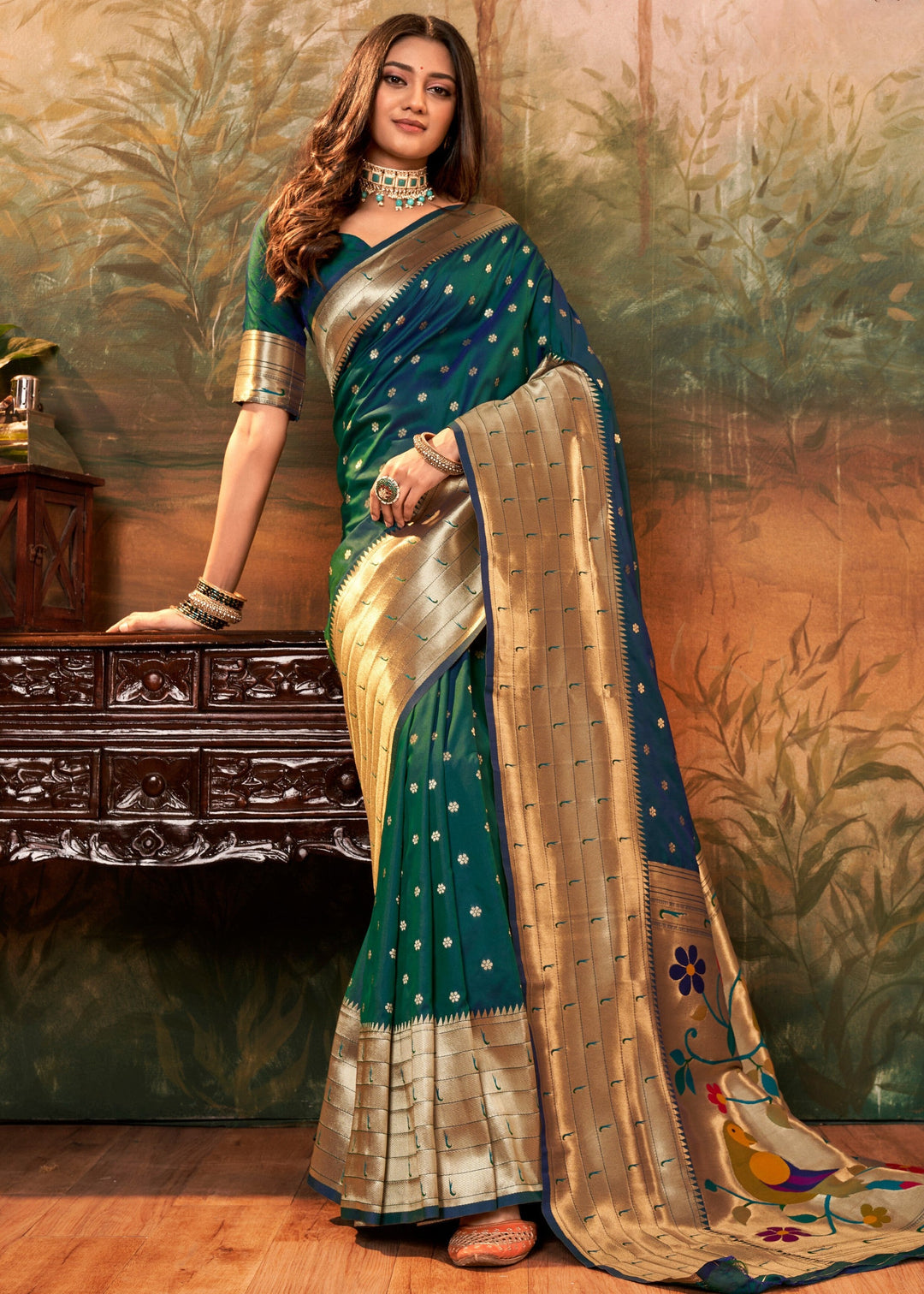 Dark Green Paithani Silk Saree With Zari Weaving - qivii