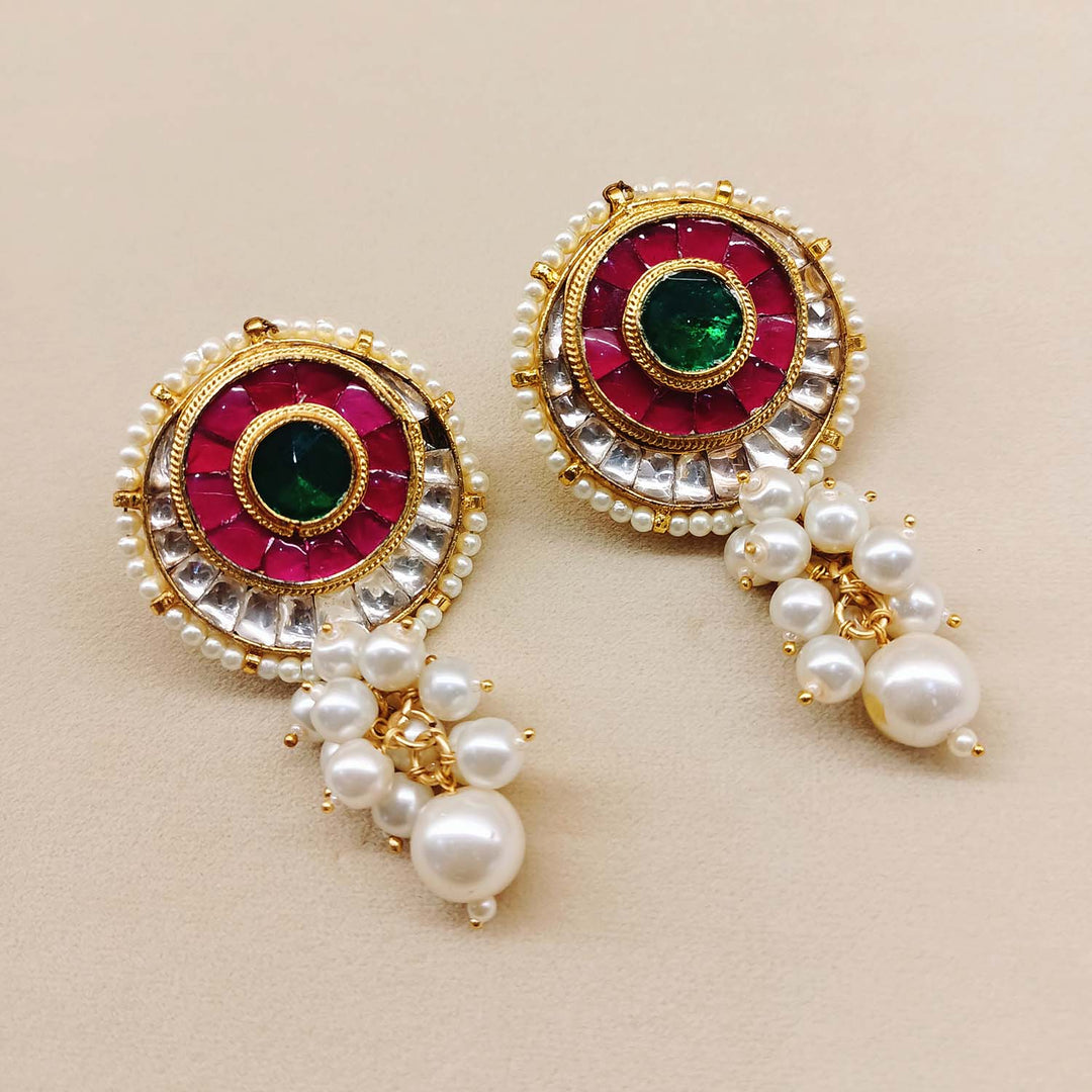 Elegant Karuna Rose Pink & Green Gold Plated Kundan Earrings with Traditional Kundan And Ruby Stones Tops And Small Beads Pearls Ling Along With Pearls Hangings - Gold Plated Brass Metal With Kundan Stones And Pearls