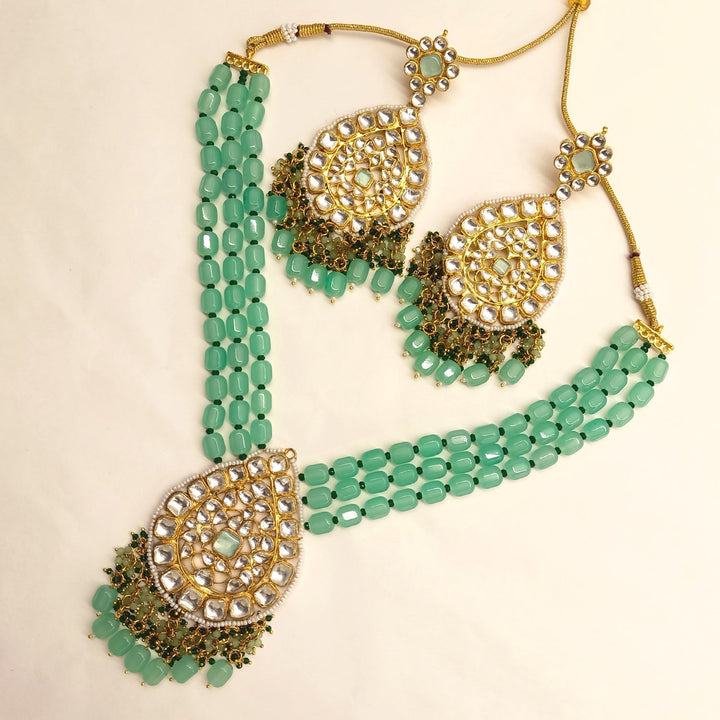 Afraah Mint Green Stone Gold Plated Pachi Kundan Pendant Set showcasing intricate craftsmanship and stunning mint green stone detail