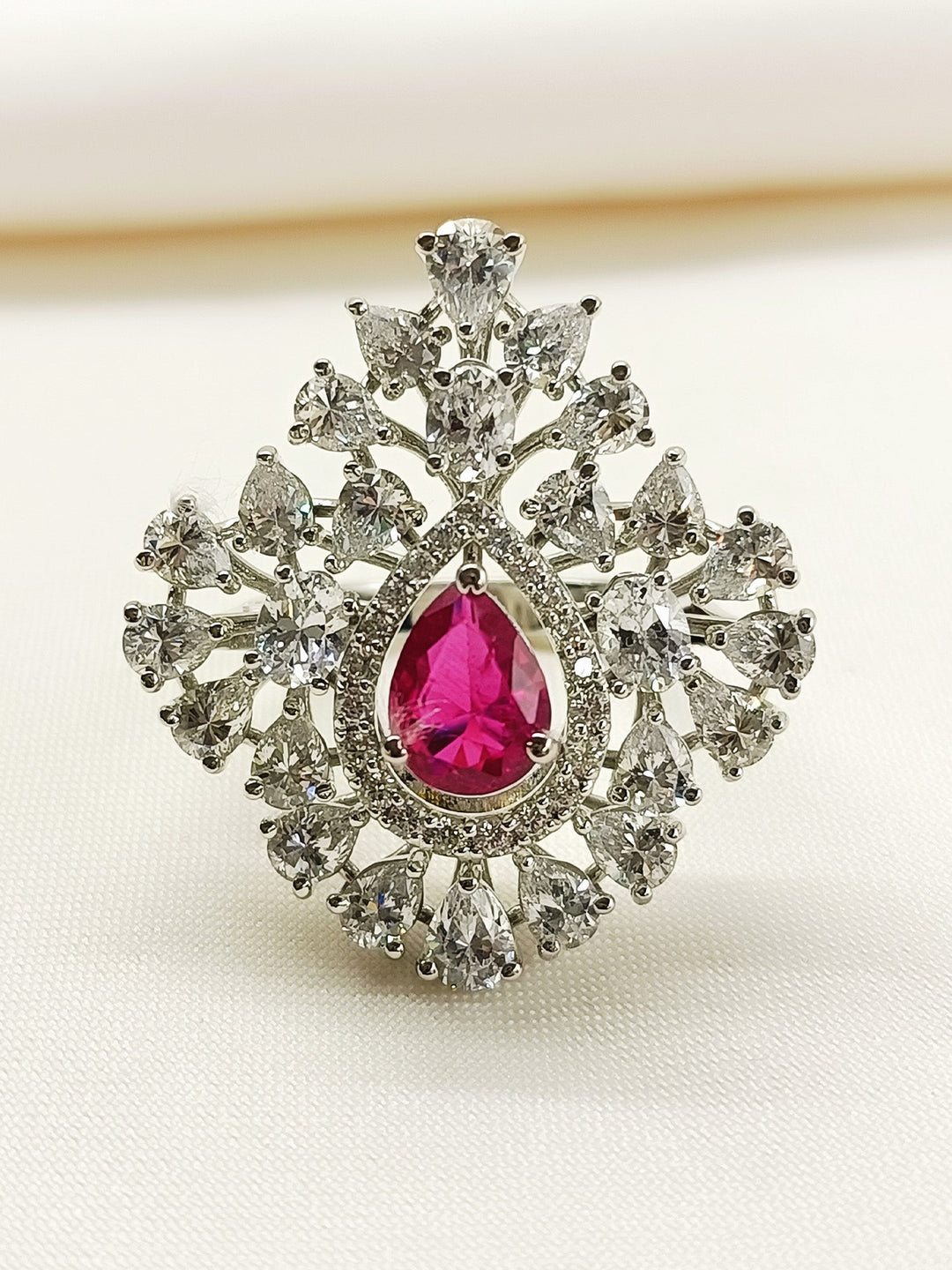 Evita Ruby 92.5 Silver American Diamond Finger Ring - qivii