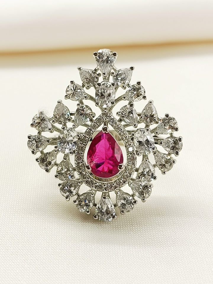 Evita Ruby 92.5 Silver American Diamond Finger Ring - qivii