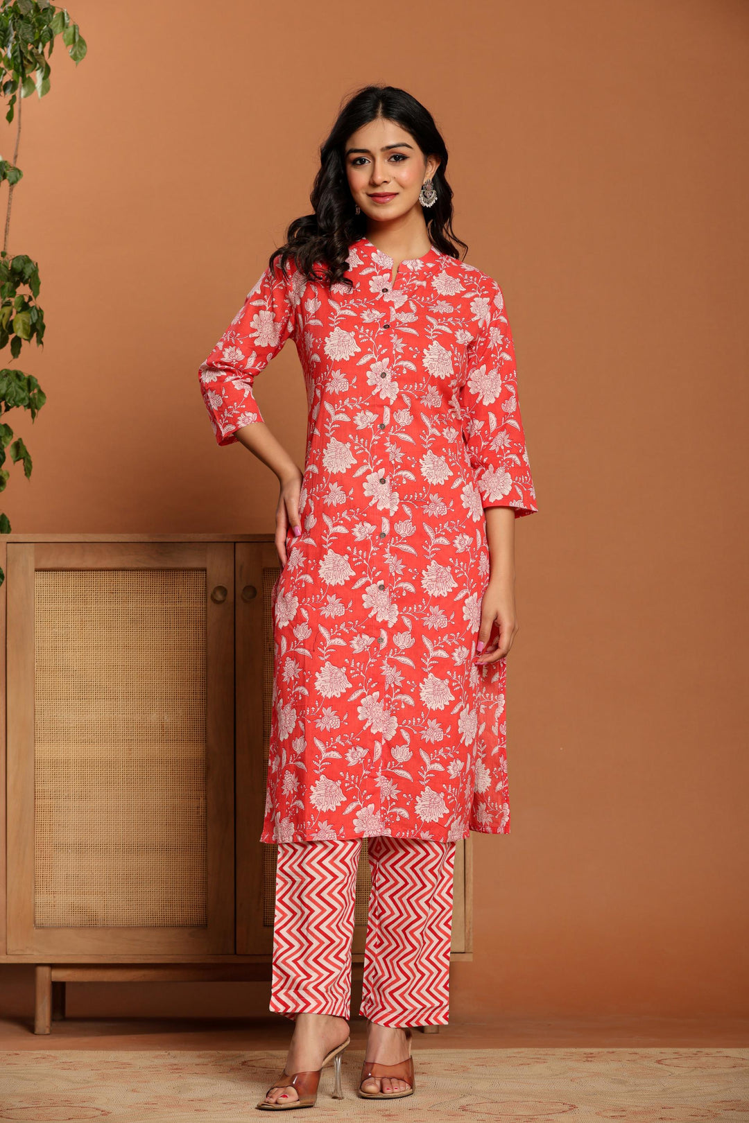 Pink Printed Cotton Kurta Set - qivii