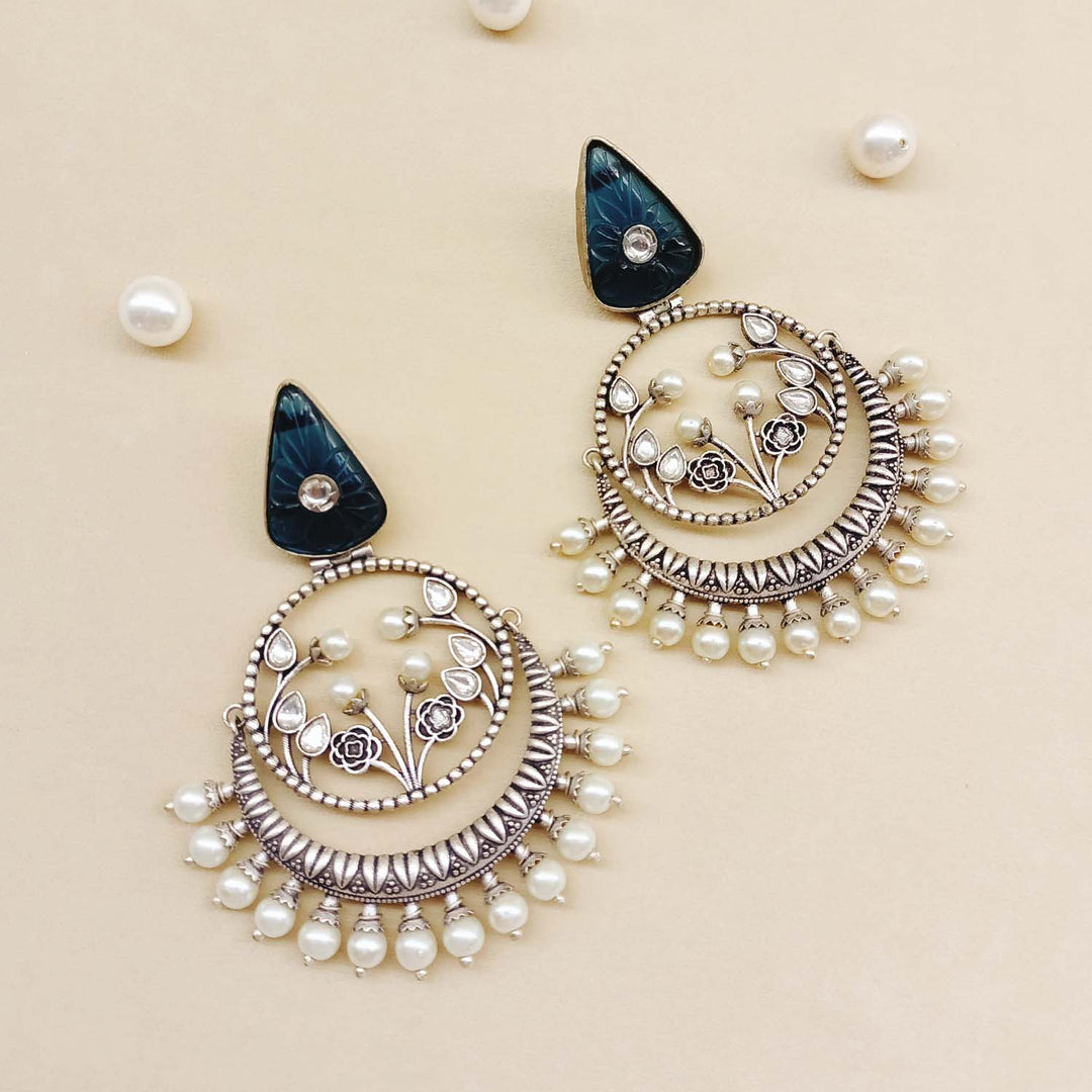 Arti Navy Blue Stone Silver Plated Boutique Earrings - qivii