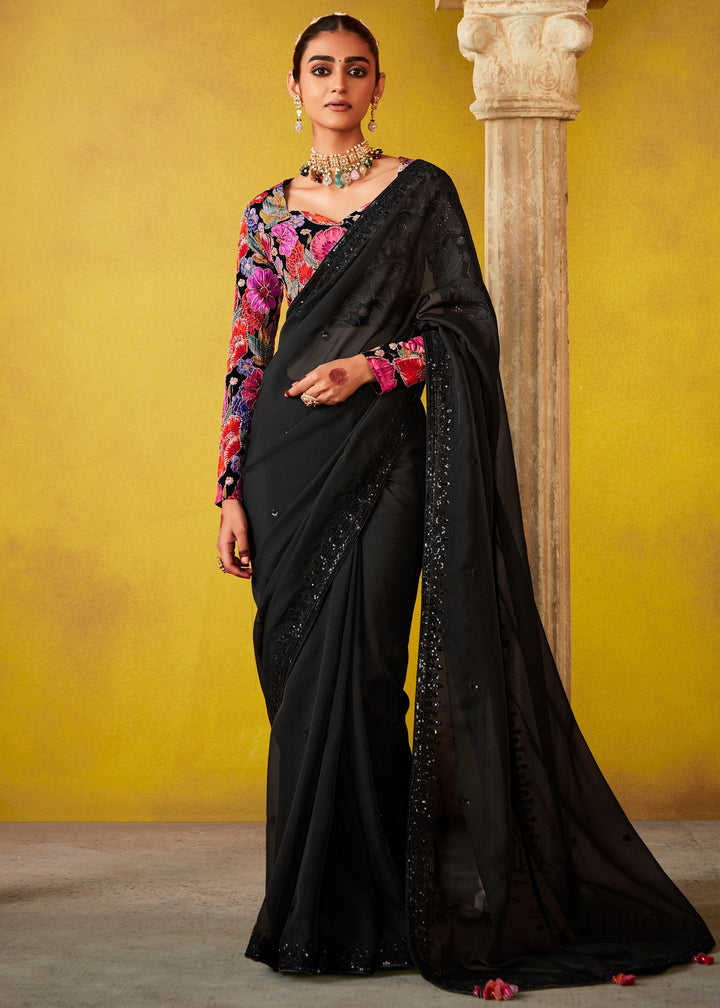 Ink Black Glass Tissue Silk Saree With Sequins And Thread Embroidered Work - qivii