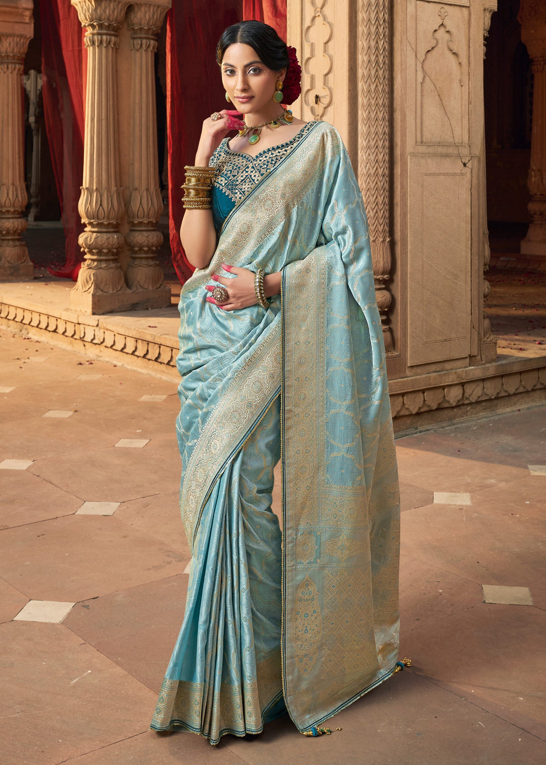 Sky Blue Satin Silk Saree With Beautiful Lace Border And Heavy Designer Embroidered Blouse - qivii