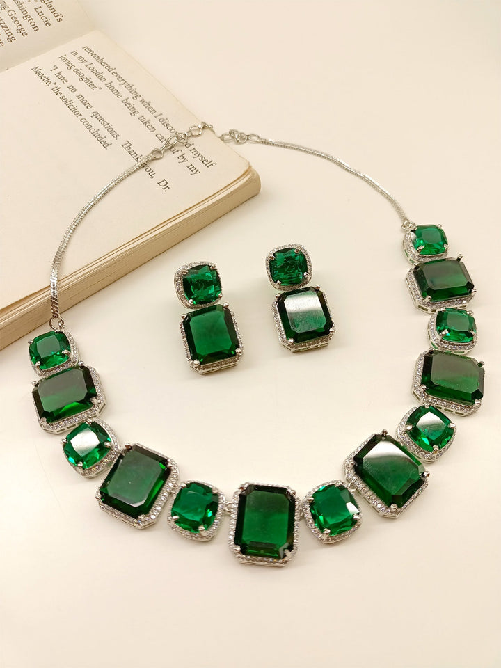 Stunning Echo Green American Diamond Necklace Set featuring exquisite American Diamond stones and silver plated brass metal, a timeless piece for any occasion 
