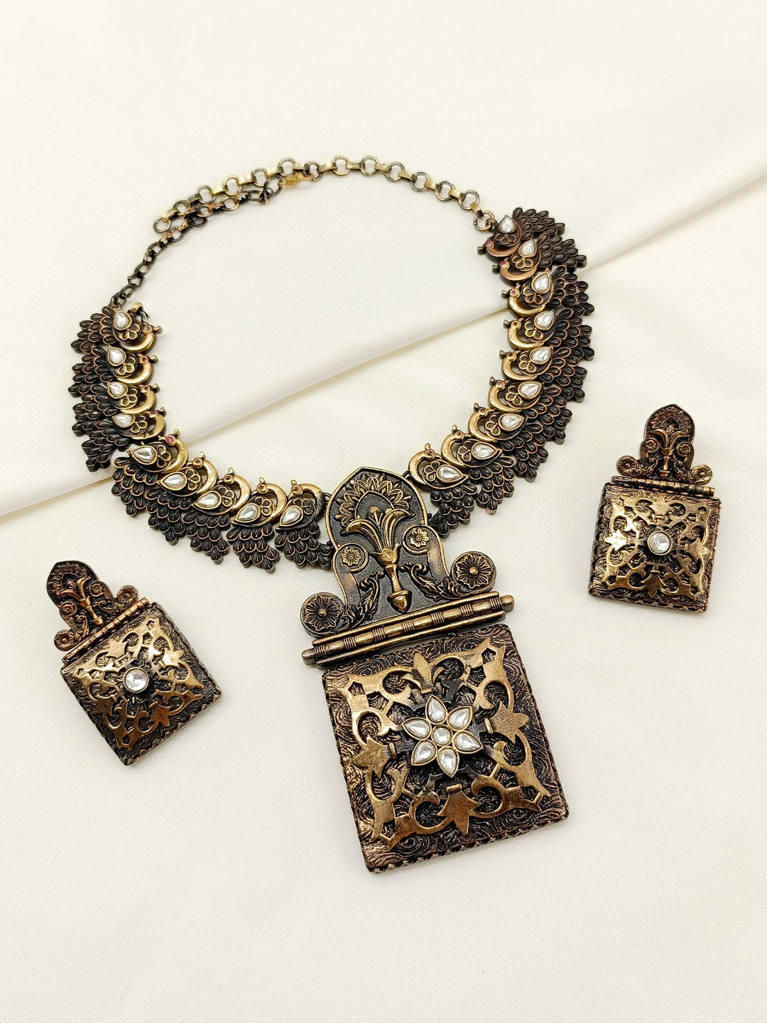 Girisha Antique Gold Oxidized Necklace Set - qivii
