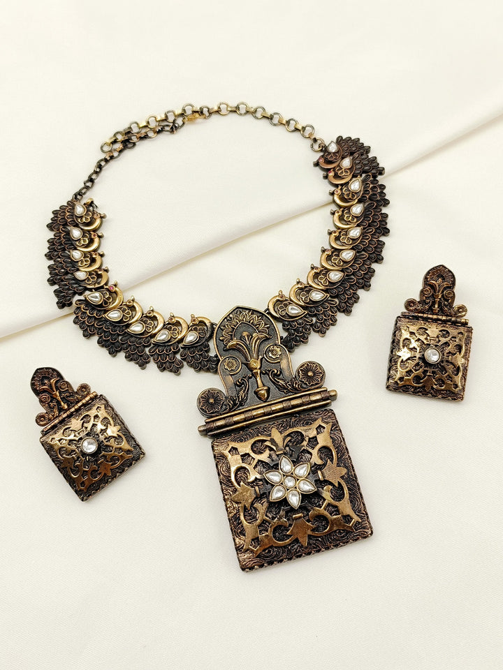 Girisha Antique Gold Oxidized Necklace Set - qivii