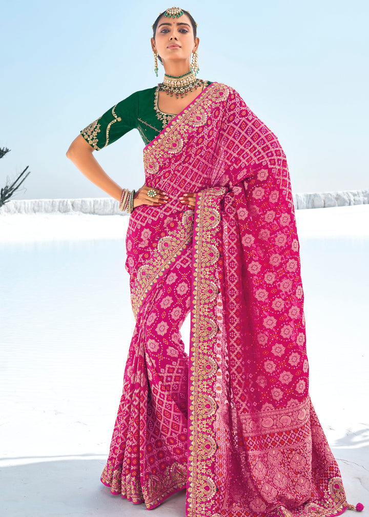 Hot Pink Pure Georgette Bandhani Patola With Zari Weaving Heavy Work Saree - qivii