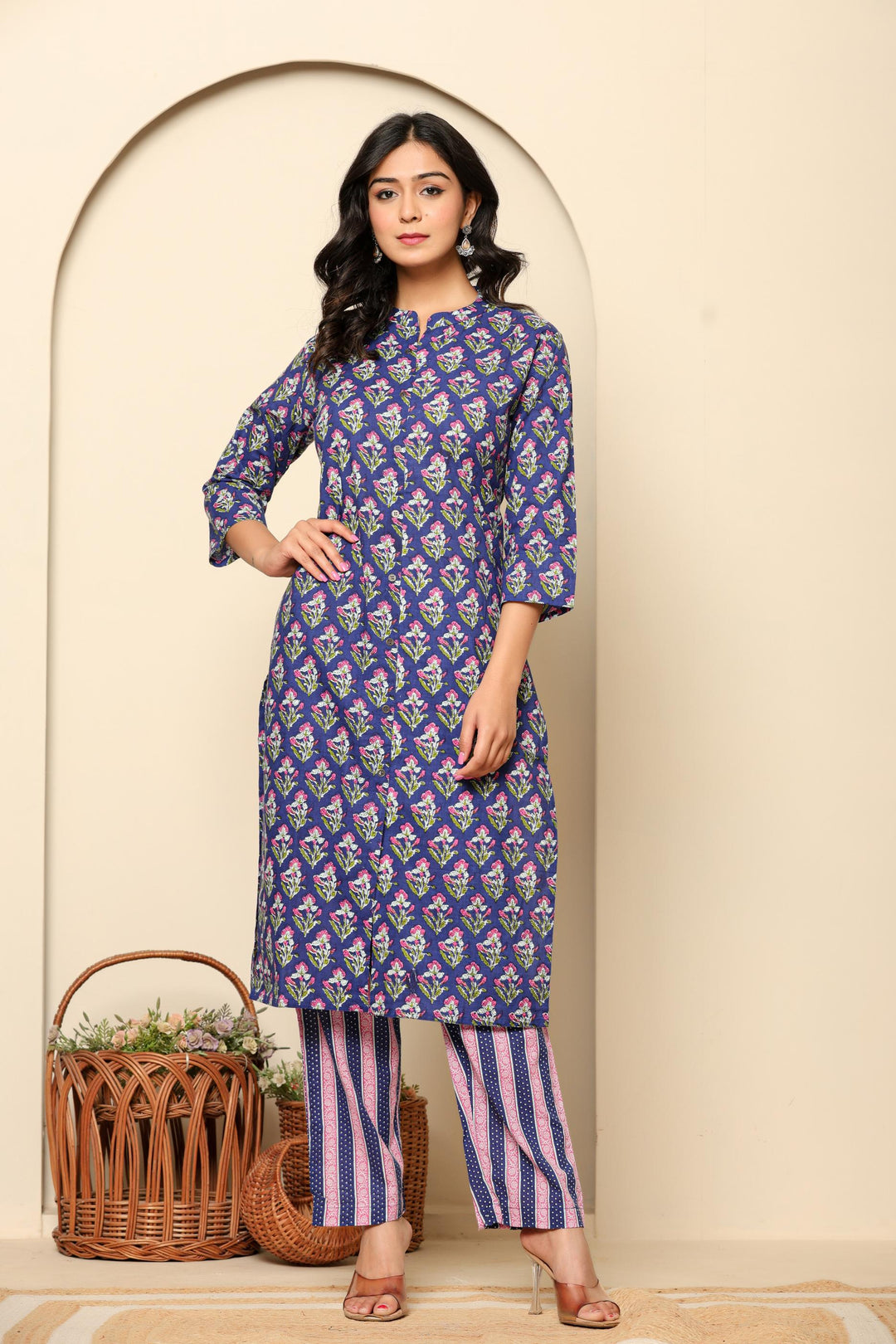 Purple Printed Cotton Kurta Set - qivii