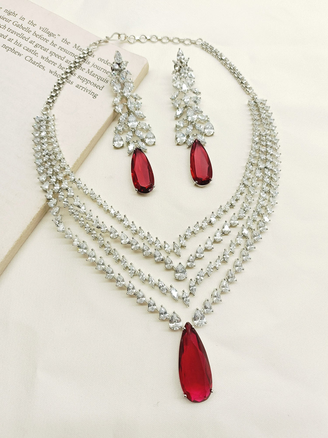 Tejshavi Maroon American Diamond Necklace Set - qivii
