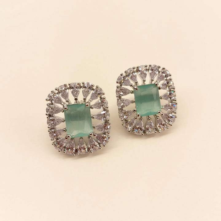  Stylish Studs with Semi Precious Mint Green Stone American Diamond Tops 
