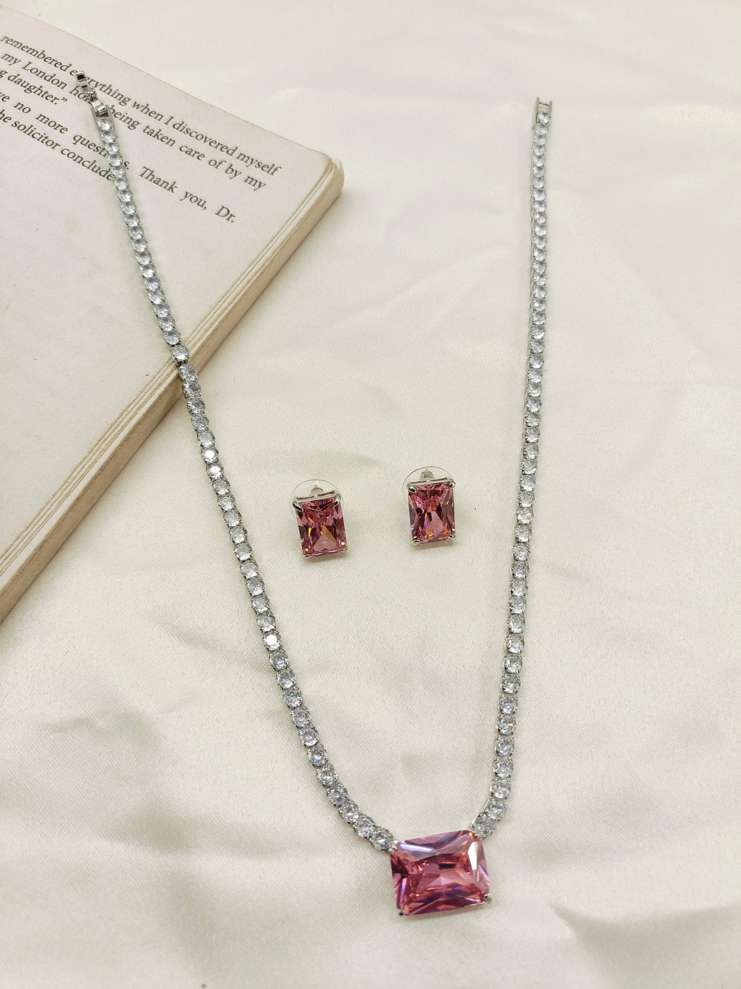 Ainsley Pink American Diamond Necklace Set - qivii
