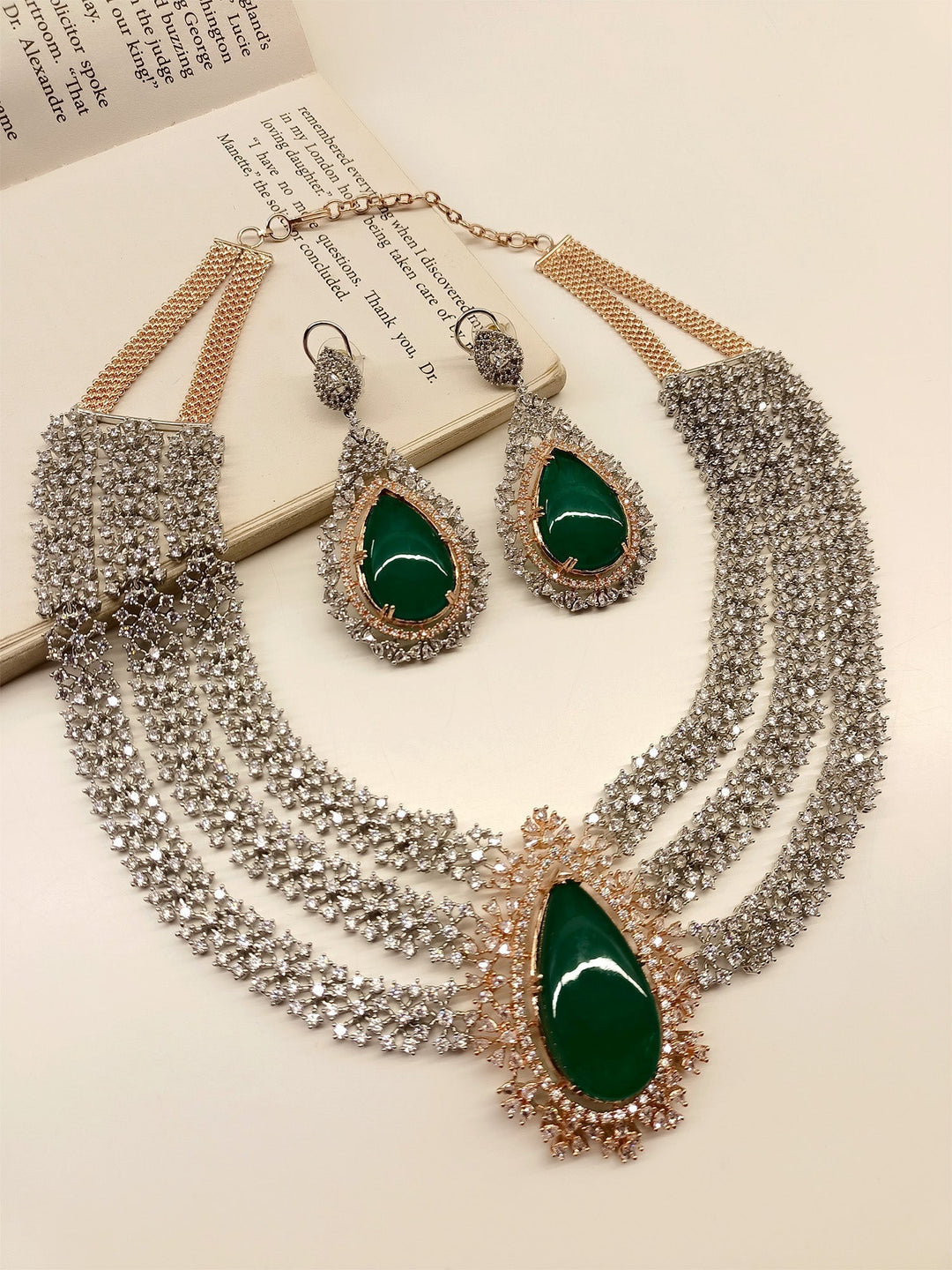 Nishika Green American Diamond Necklace Set with matching earrings and pendant