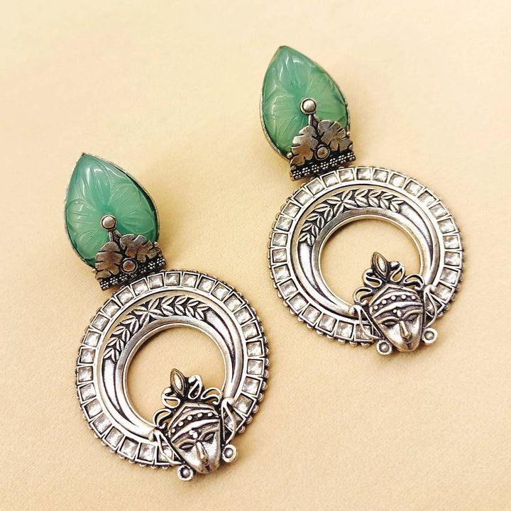 Mayura Mint Green Stone Temple Silver Plated Boutique Earrings: Elegant and unique statement earrings with mint green stone