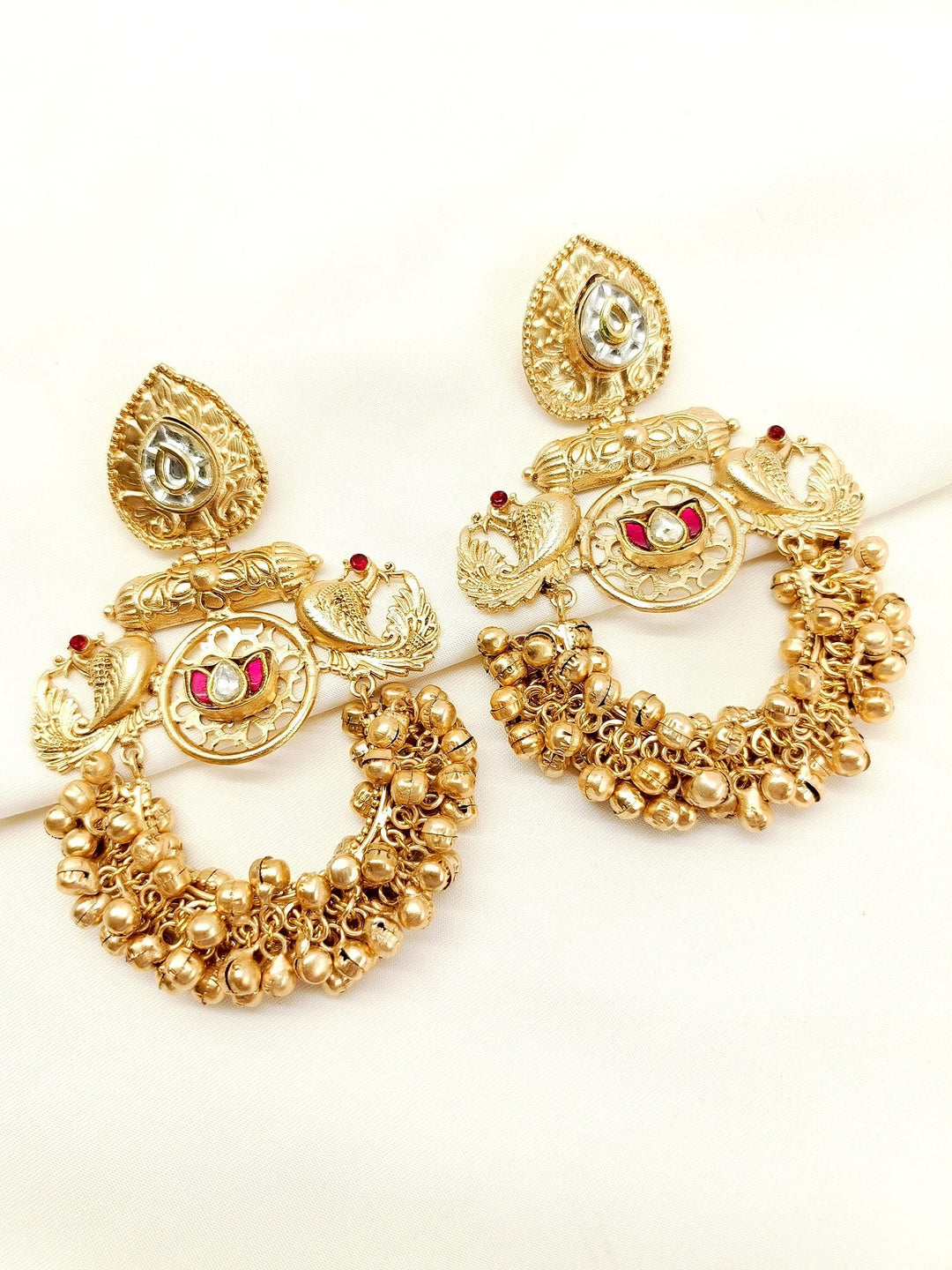 Gold plated brass peacock boutique earrings with stunning golden ball hanging