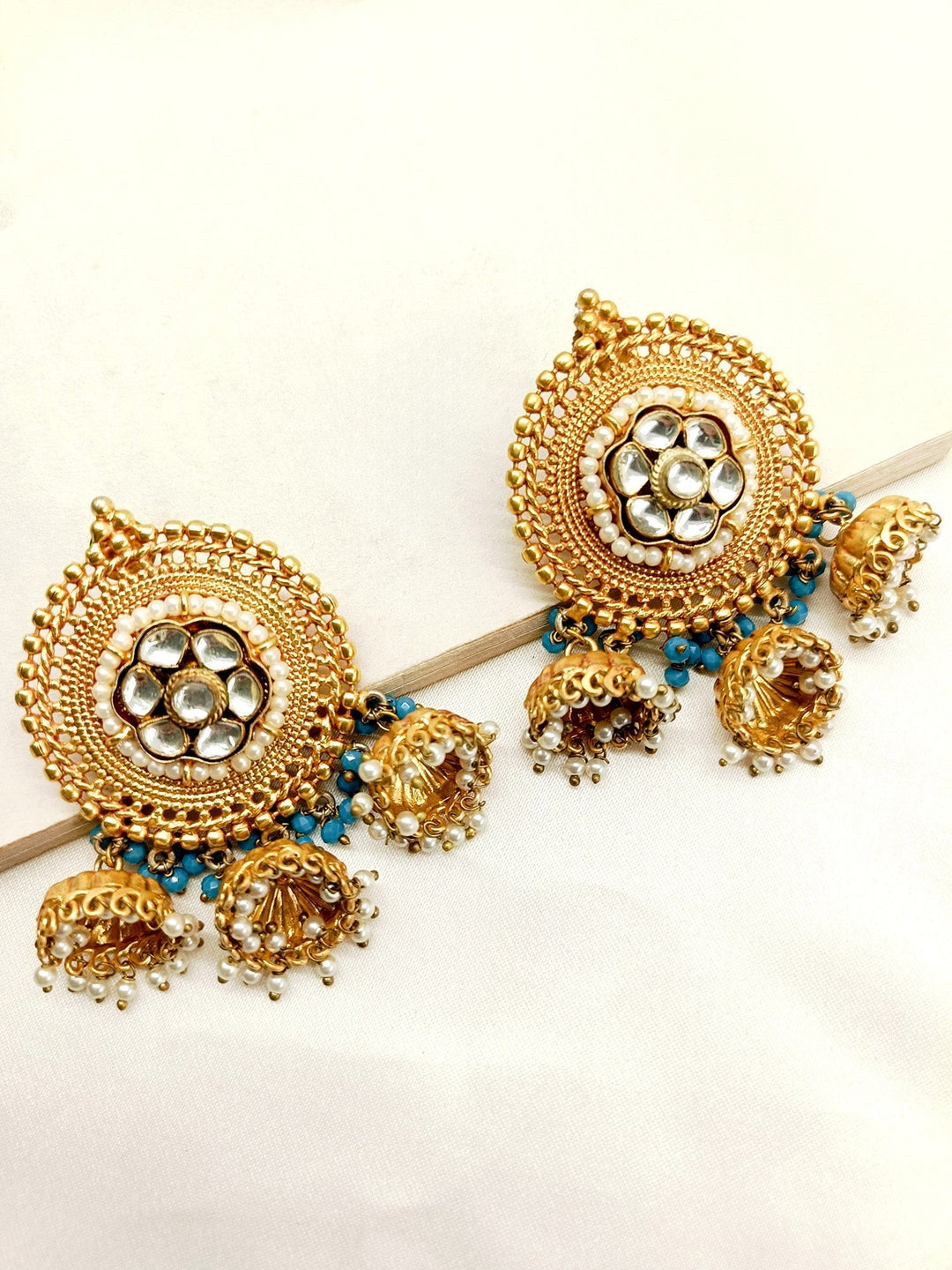Sky Blue Stone Gold Plated Antique Jhumki with Kundan Stones and Coloured Beads