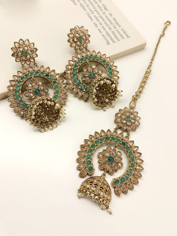 Ekiya Green Polki Jhumki With Teeka - qivii