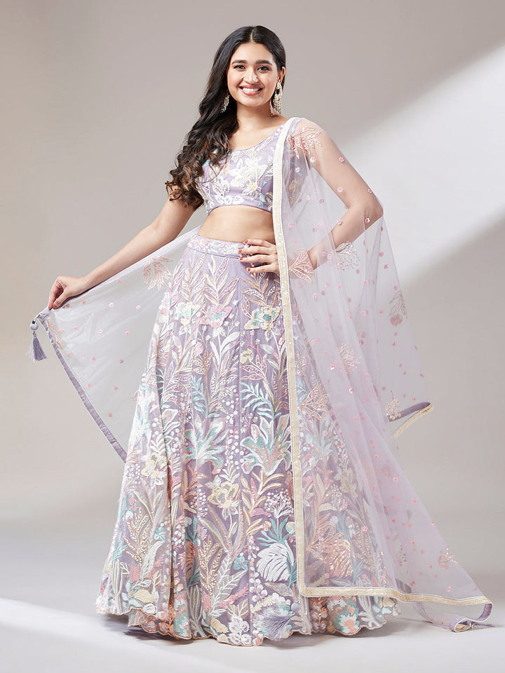 Lavender - Net Multi-Sequins Work Semi-Stitched Lehenga - qivii