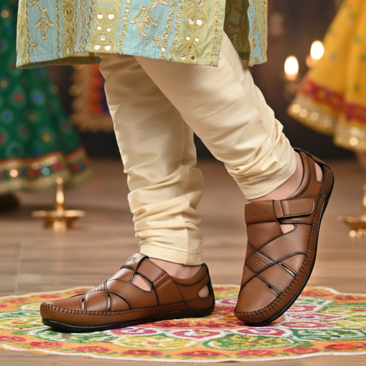 P&G N1401 Men's TAN Slipon Sandal Extra Soft Sandal/Mojri/Ethnic Wear Leather With Adjustable Strap/Navratri Fashion Footwear. - qivii