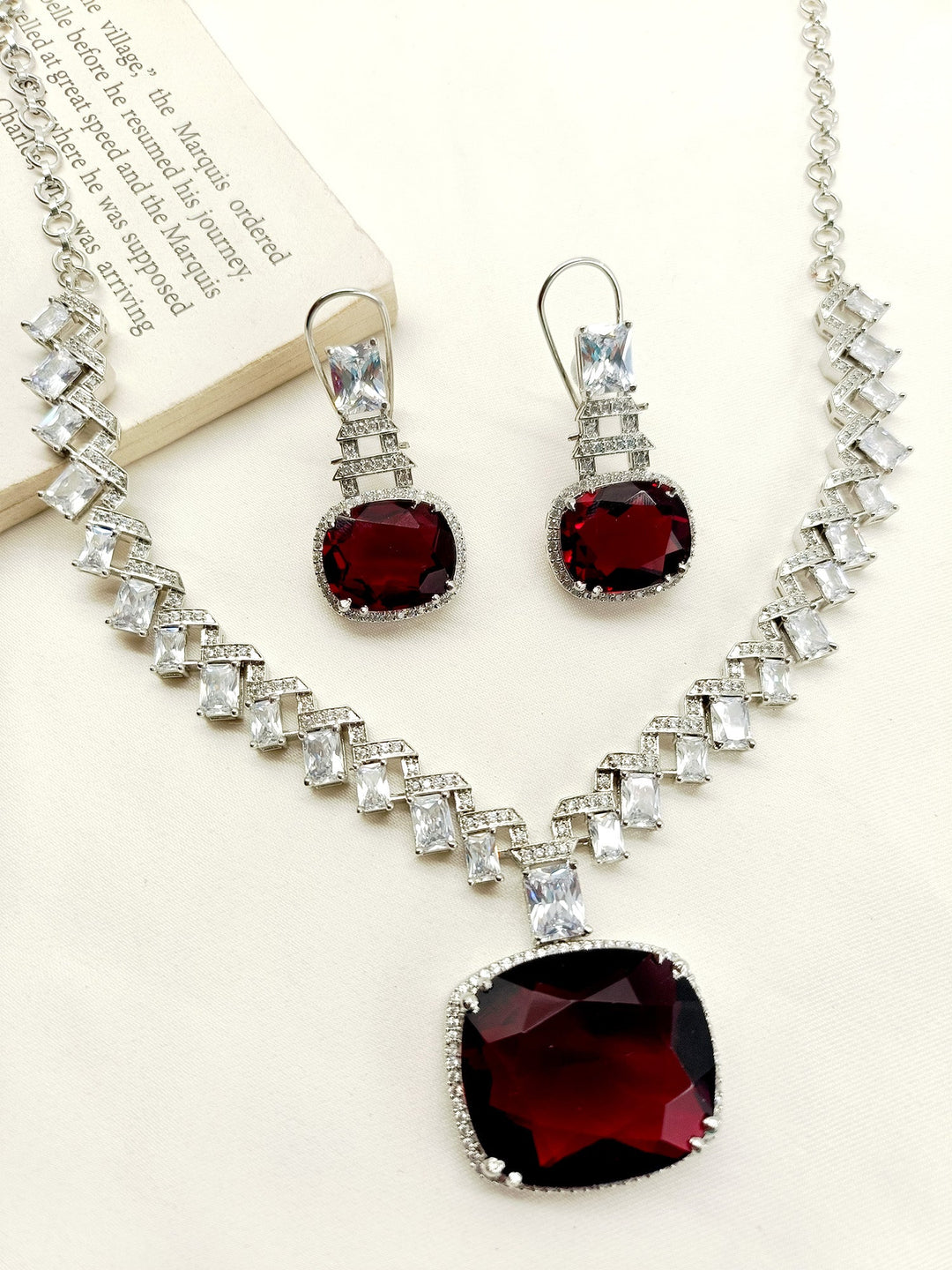 Trishna Maroon American Diamond Necklace Set - qivii