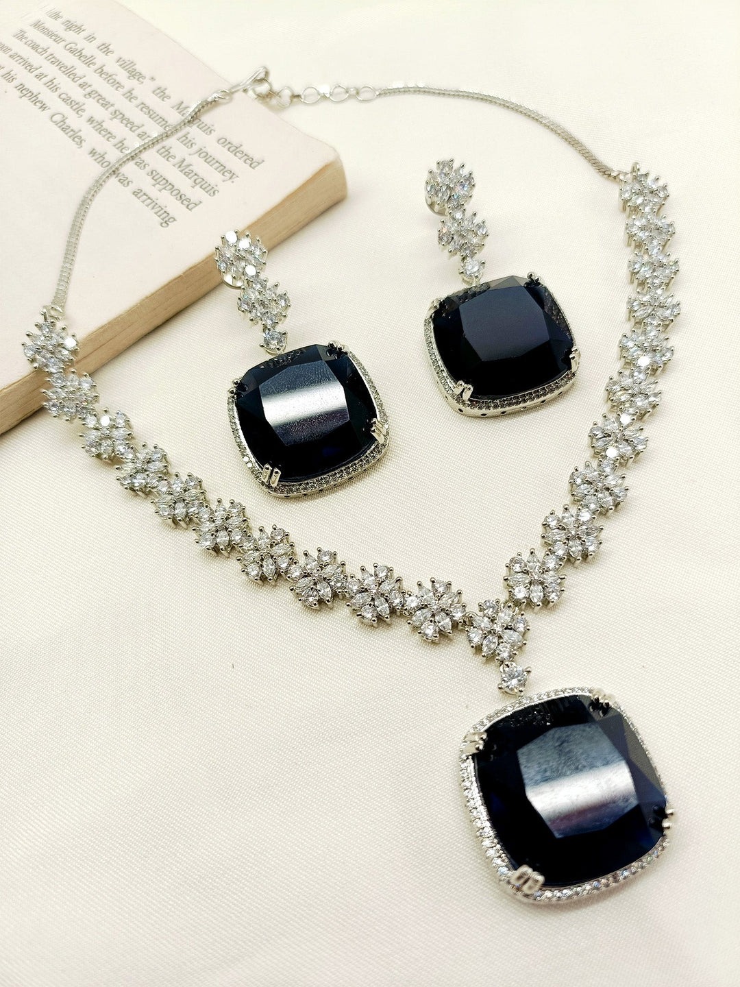 Jigya Navy Blue American Diamond Necklace Set - qivii