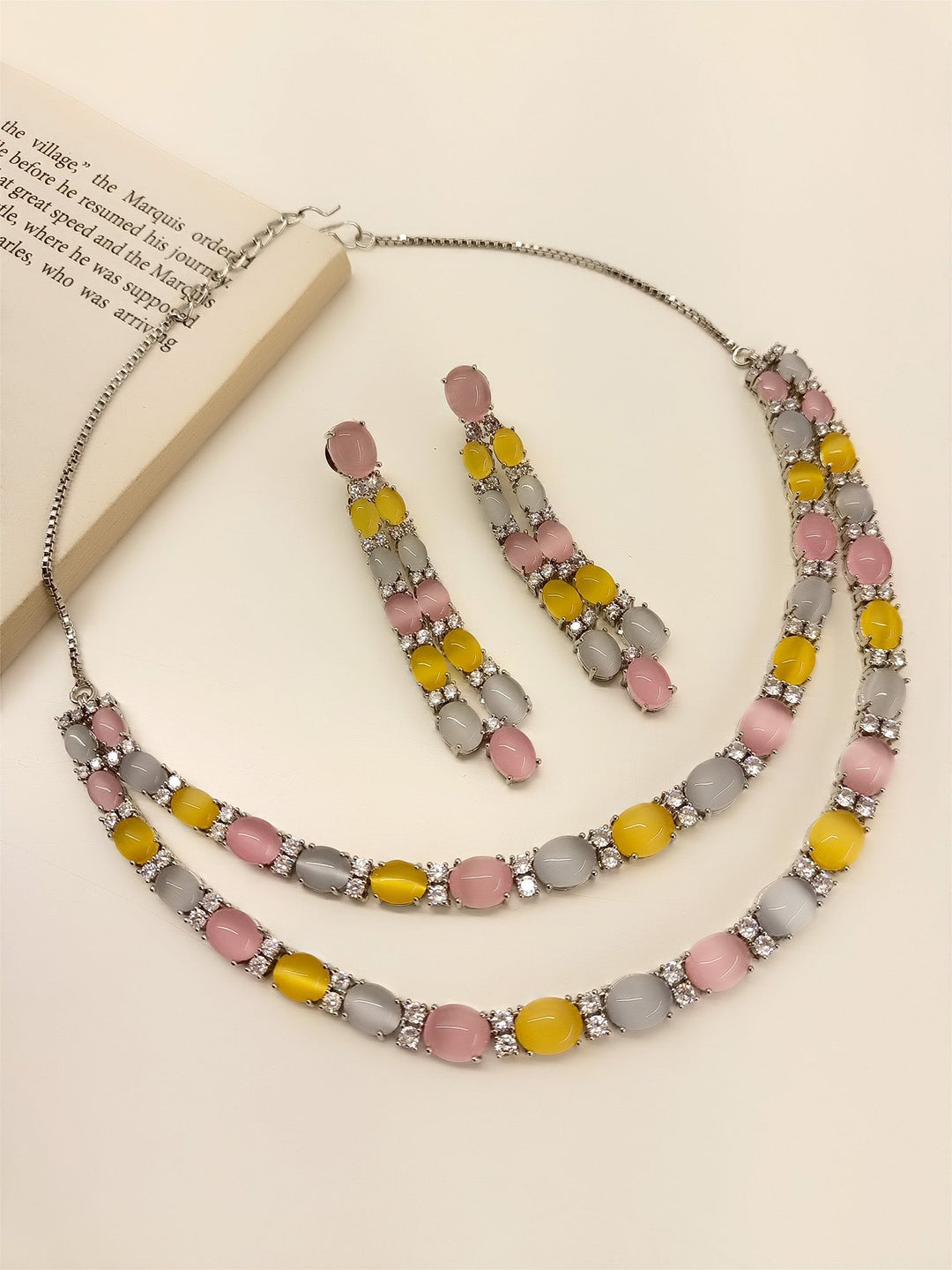 Exquisite Kria Multi Colour Double Layered American Diamond Set with stunning gemstones and intricate detailing