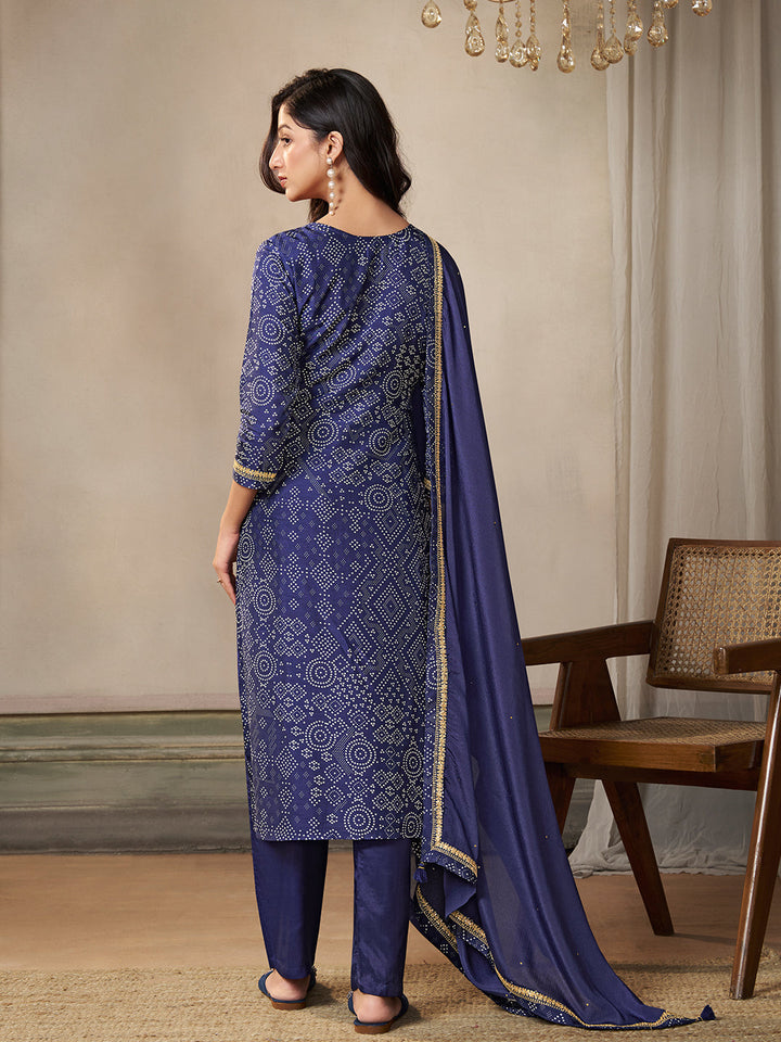 Royal Blue Kurta Set in Dola Bandhani Printed with Embroidery - qivii