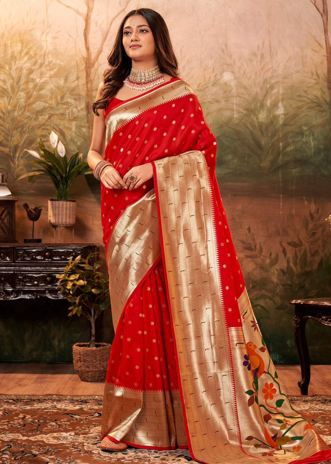 Cherry Red Paithani Silk Saree With Zari Weaving - qivii